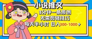 小说推文6.0，简单无脑，3分钟一个原创作品，每天半小时，日入300-1000...-苏舒创业网