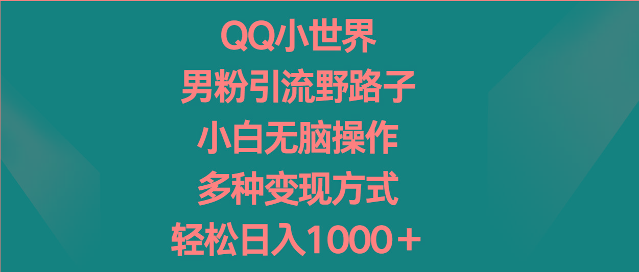 QQ小世界男粉引流野路子，小白无脑操作，多种变现方式轻松日入1000＋-苏舒创业网